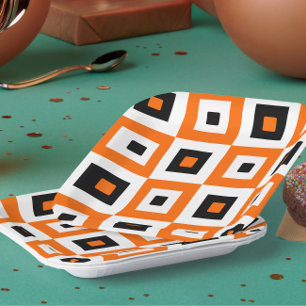 Plato De Papel Patrón de Cuadrados a Cuadros Naranja Negro Blanco