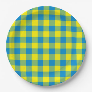 Plato De Papel Patrón de Cuadro Escocés Azul Amarillo Verde