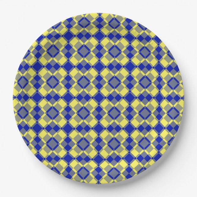 Plato De Papel Patrón de cuadros argyle azul amarillo (Anverso)