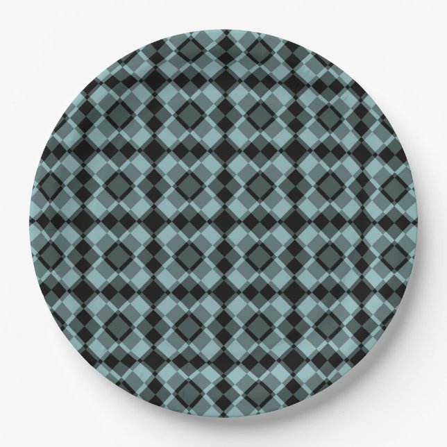 Plato De Papel Patrón de cuadros Argyle negro azul (Anverso)