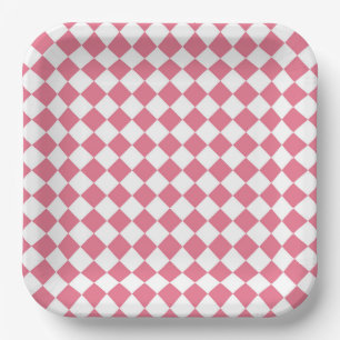 Plato De Papel Patrón de cuadros de diamante rosa blanco