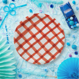 Plato De Papel Patrón de cuadros de gingham de acuarela roja pint