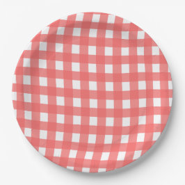 Plato De Papel Patrón de Cuadros de Gingham Rosa Coral Ondulado