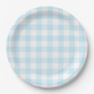 Plato De Papel Patrón de Cuadros Gingham Azul Cielo Pastel