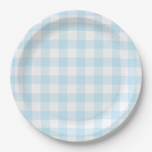 Plato De Papel Patrón de Cuadros Gingham Azul Cielo Pastel (Anverso)