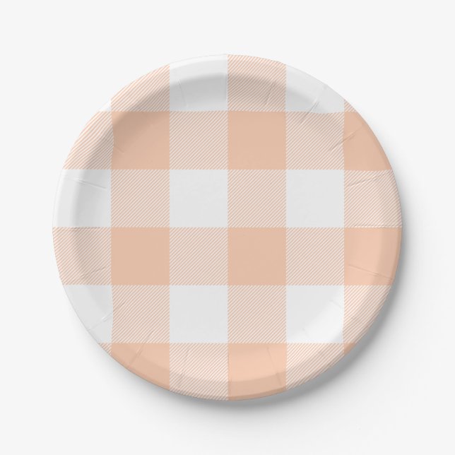 Plato De Papel Patrón de Cuadros Gingham de Durazno Pastel (Anverso)