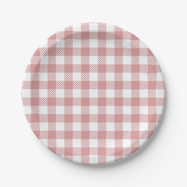 Plato De Papel Patrón de cuadros gingham rosa (Anverso)