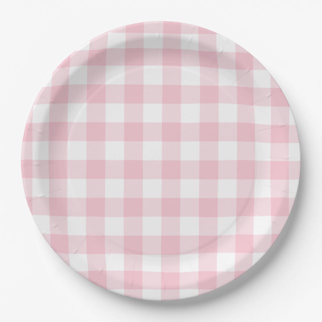 Plato De Papel Patrón de Cuadros Gingham Rosa Pastel (Anverso)
