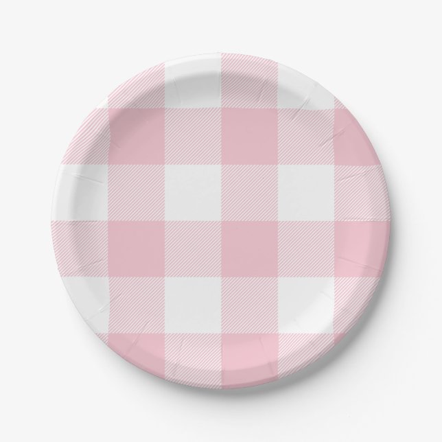 Plato De Papel Patrón de Cuadros Gingham Rosa Pastel (Anverso)