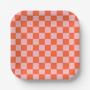 Plato De Papel Patrón de cuadros naranja y rosa