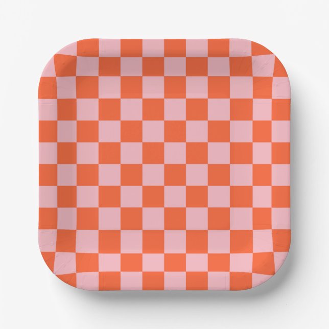 Plato De Papel Patrón de cuadros naranja y rosa (Anverso)