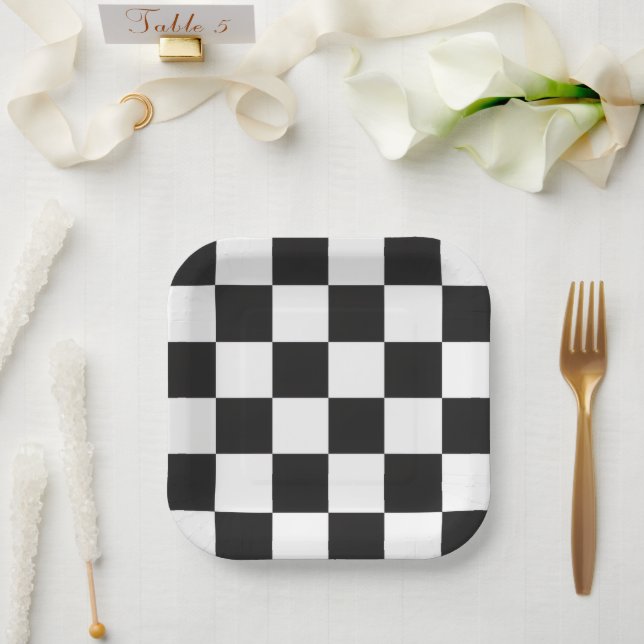 Plato De Papel Patrón de Cuadros Negro y Blanco Sofisticado (Boda)