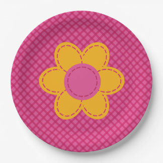 Plato De Papel Patrón de cuadros rosa, flor amarilla