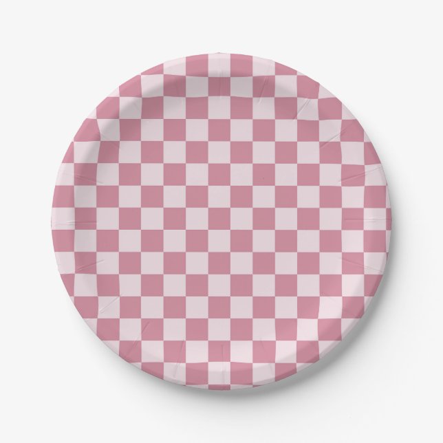 Plato De Papel Patrón de cuadros rosa polvoriento (Anverso)