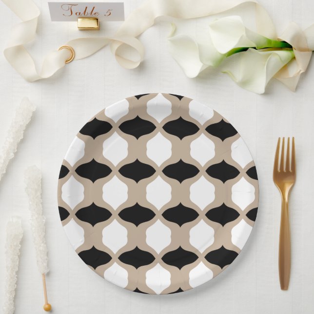 Plato De Papel Patrón de curvas suaves - Taupe, negro y blanco (Boda)