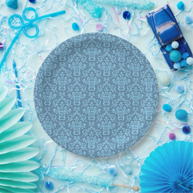 Plato De Papel Patrón de damasco azul (Fiesta)