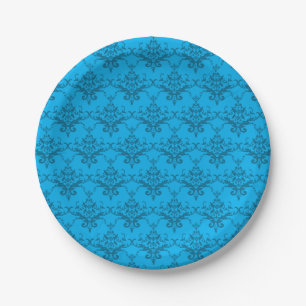 Plato De Papel Patrón de damasco azul cielo
