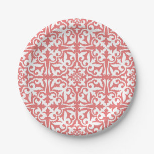 Plato De Papel Patrón de damasco de Ikat - Blanco y rosa de coral