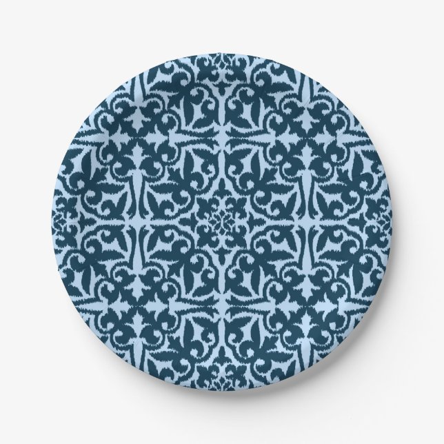 Plato De Papel Patrón de damasco de Ikat - Índigo oscuro y azul c (Anverso)