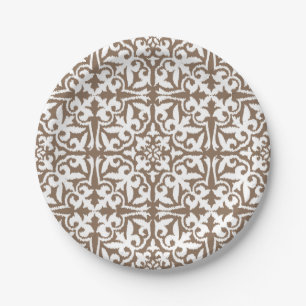 Plato De Papel Patrón de damasco de Ikat - Taupe Tan y Blanco