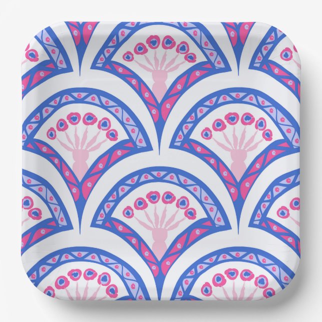 Plato De Papel patrón de damasco floral azul (Anverso)