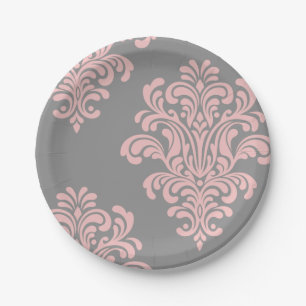 Plato De Papel Patrón de Damasco rosa y gris
