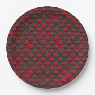 Plato De Papel Patrón de damasco vintage negro rojo sin costuras