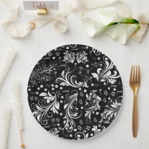 Plato De Papel Patrón de Damask, Damasco francés, negro y blanco