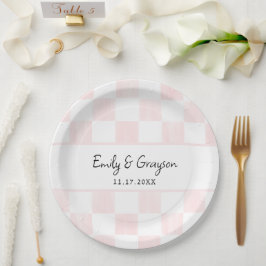 Plato De Papel Patrón de damero pintado de rosa para boda