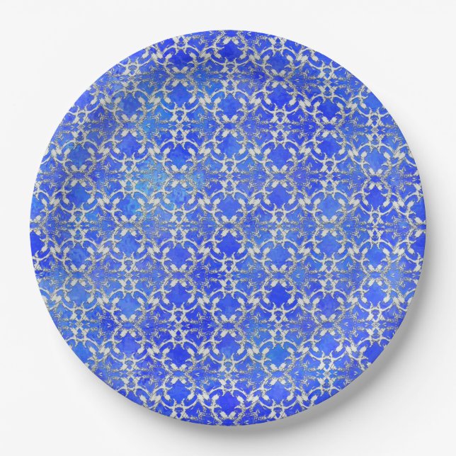 Plato De Papel Patrón de desplazamiento de baile azul gris platea (Anverso)