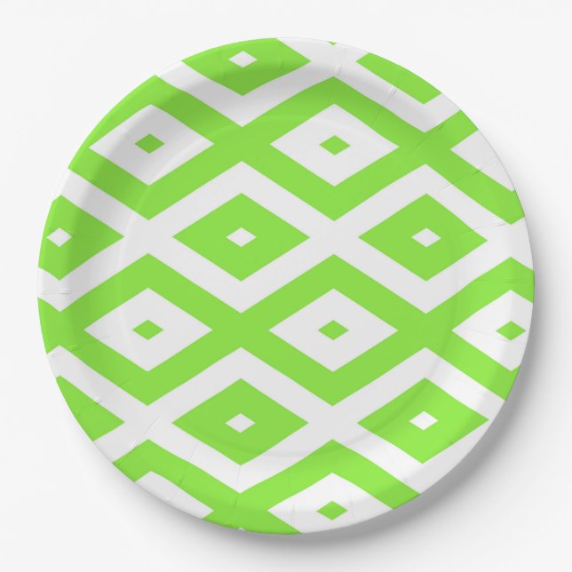 Plato De Papel Patrón de diamante blanco y verde limón (Anverso)