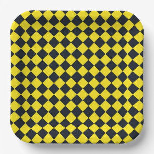 Plato De Papel Patrón de diamante de cuadros negro amarillo