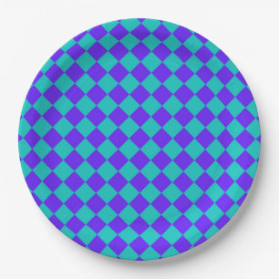 Plato De Papel Patrón de diamante de cuadros púrpura turquesa