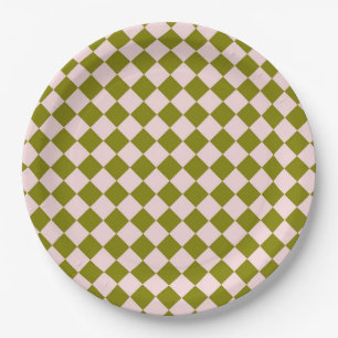 Plato De Papel Patrón de diamante de cuadros rosa verde