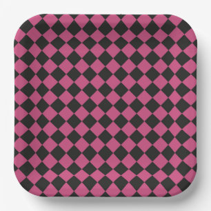 Plato De Papel Patrón de diamante de cuadros rosa y negro