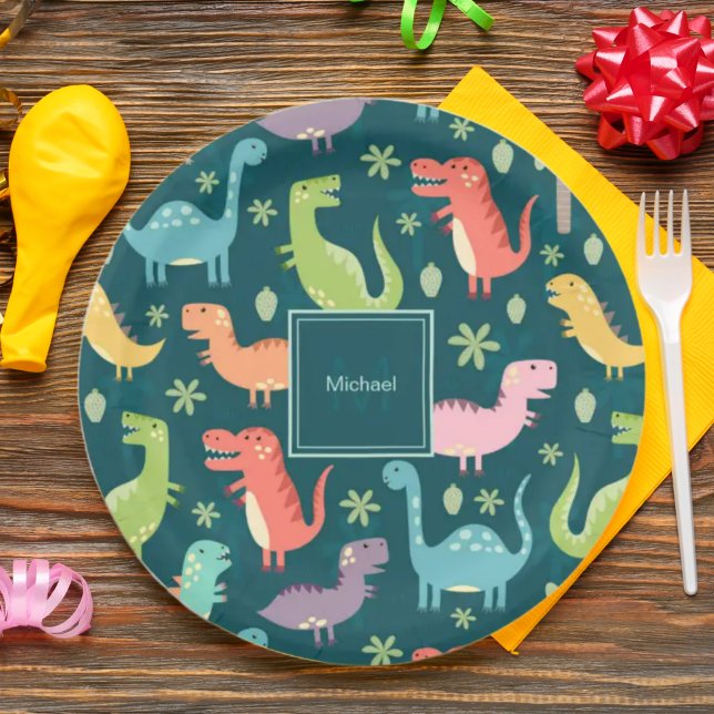 Plato De Papel Patrón de dinosaurios Azul Monogramado Niño Fiesta (Subido por el creador)