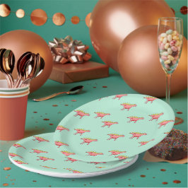 Plato De Papel Patrón de dinosaurios rosados en azul pálido