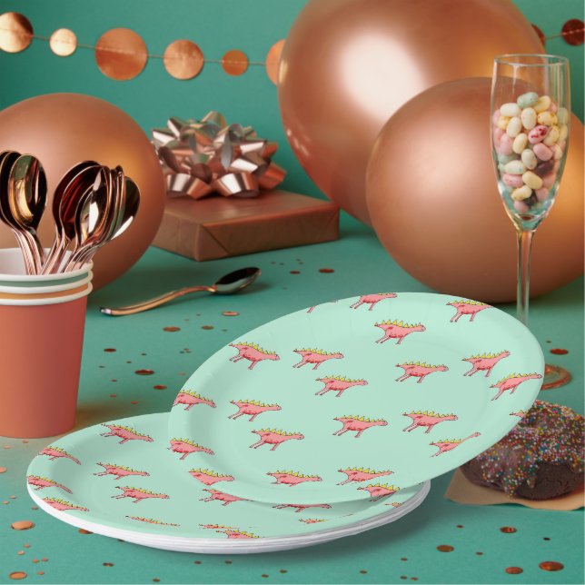 Plato De Papel Patrón de dinosaurios rosados en azul pálido (Multi)