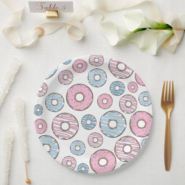 Plato De Papel Patrón De Donuts, Donuts Rosados, Donuts Azules (Boda)