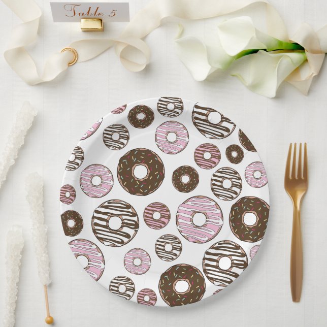 Plato De Papel Patrón De Donuts, Donuts Rosados, Donuts Marrones (Boda)