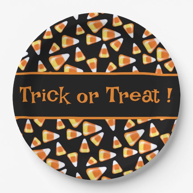 Plato De Papel Patrón de dulces de Halloween, dulces divertidos (Anverso)