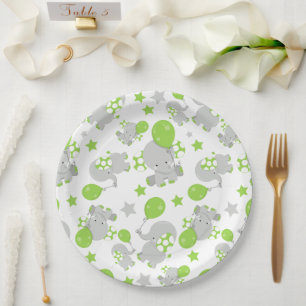 Plato De Papel Patrón de Elefantes, Elefantes Cutos - Gris Verde