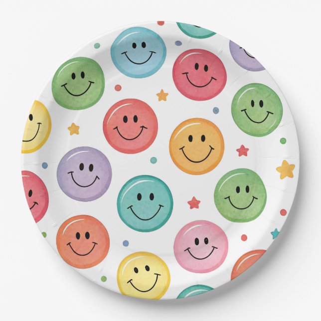 Plato De Papel Patrón de Emoji Sonriente (Anverso)