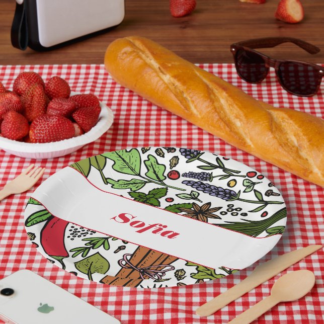 Plato De Papel Patrón de especias nombre personalizado blanco (Picnic)