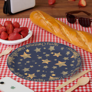 Plato De Papel Patrón de Estrella Dorada Azul Elegante Navidad Vi