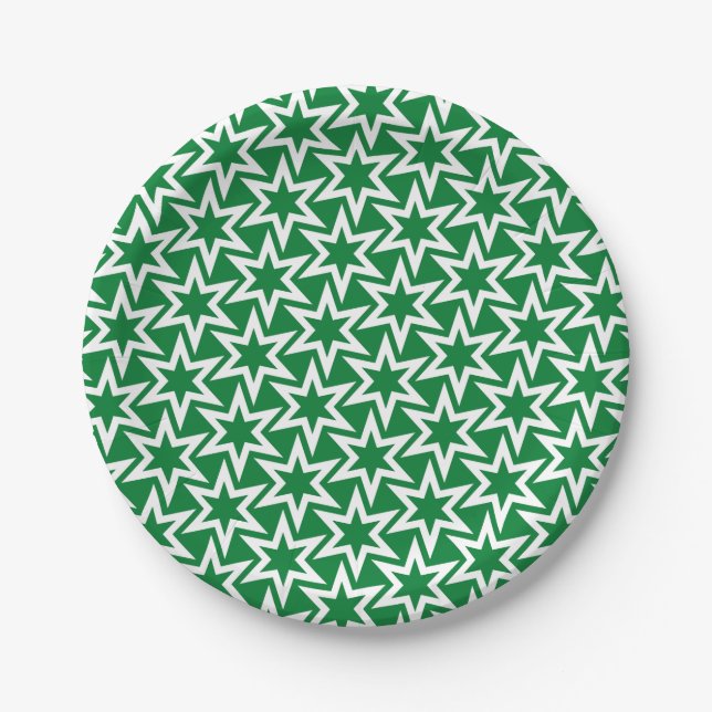 Plato De Papel Patrón de estrella geométrica blanco y verde (Anverso)