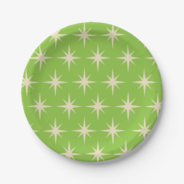 Plato De Papel Patrón de estrellas atómicas retro en verde lima (Anverso)