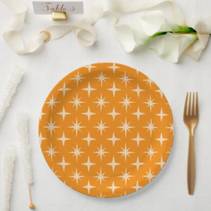 Plato De Papel Patrón de estrellas atómicas retro sobre naranja