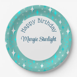 Plato De Papel Patrón de estrellas atómicas Verde azuladas retro 