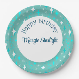 Plato De Papel Patrón de estrellas atómicas Verde azuladas retro 